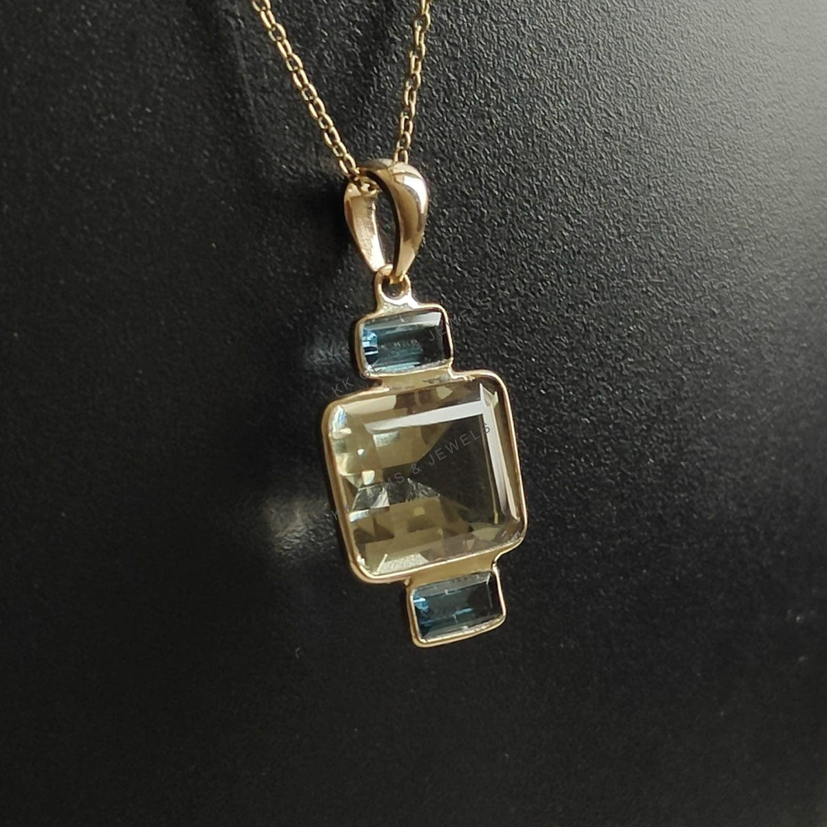 14K Solid Gold Natural Green Amethyst & London Blue Topaz Pendant, February Birthstone