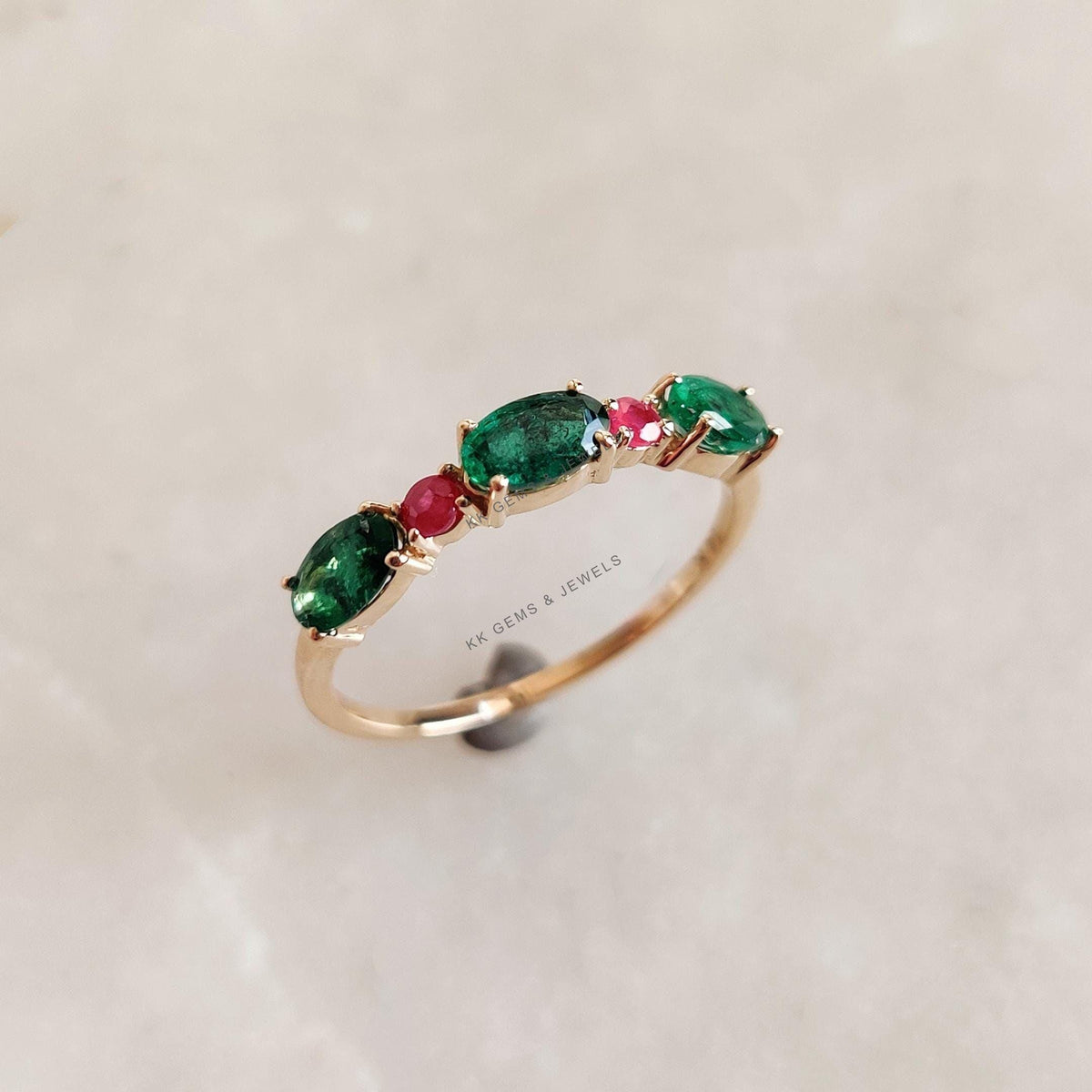 Natural Emerald & Ruby 14K Solid Yellow Gold Ring: Dainty Gemstone Jewelry