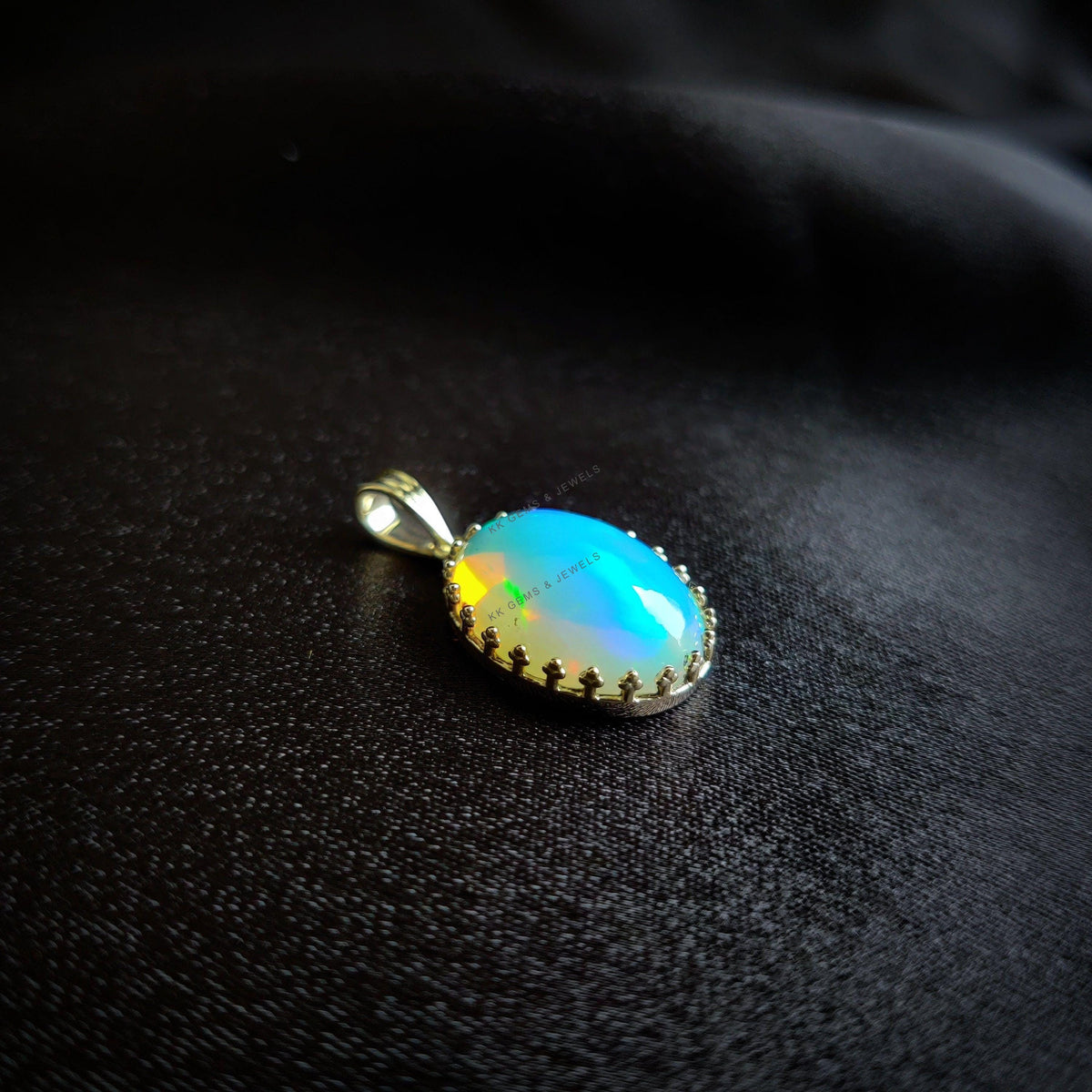 Natural Ethiopian Opal Pendant, 14K Solid Yellow Gold Crown Bezel Pendant