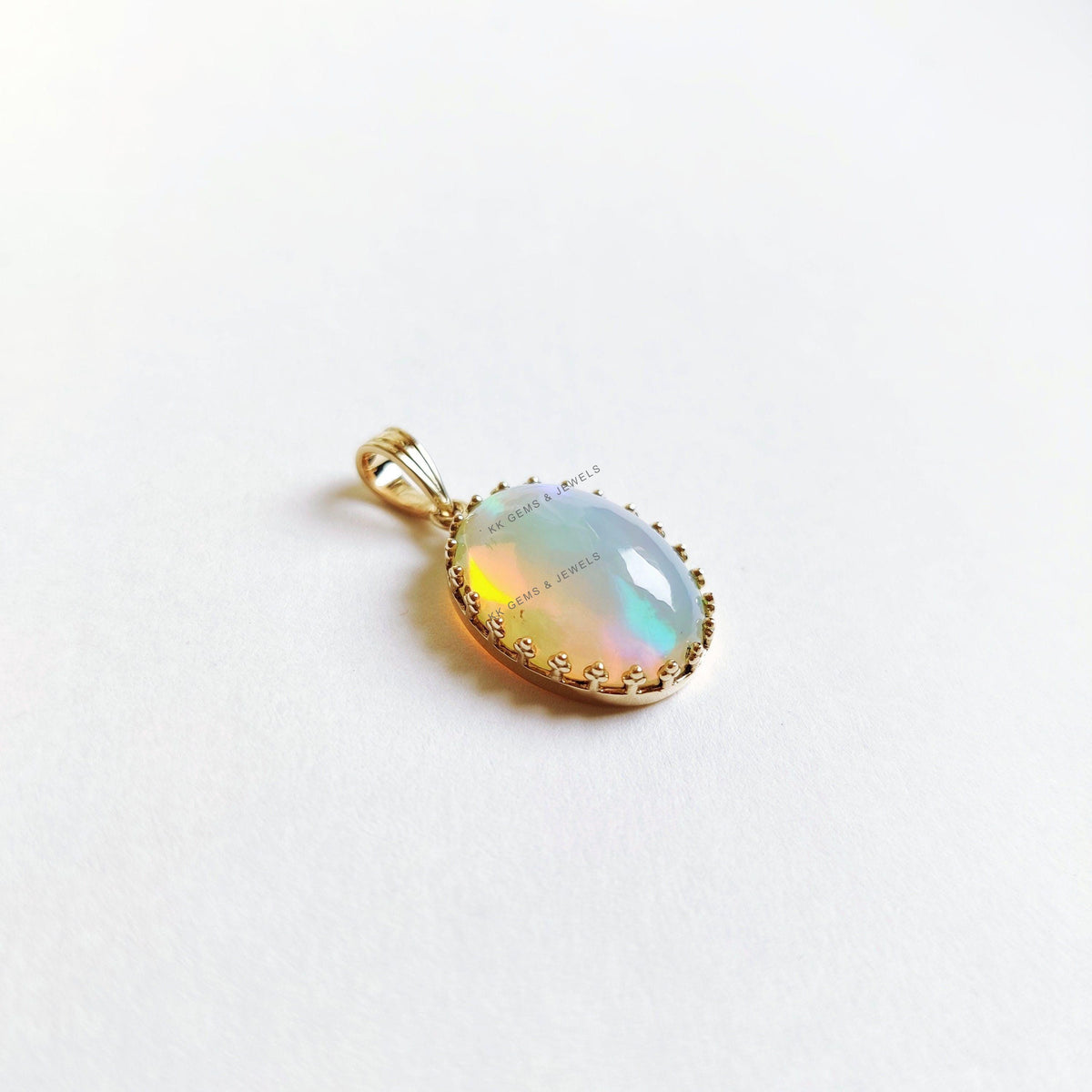 Natural Ethiopian Opal Pendant, 14K Solid Yellow Gold Crown Bezel Pendant