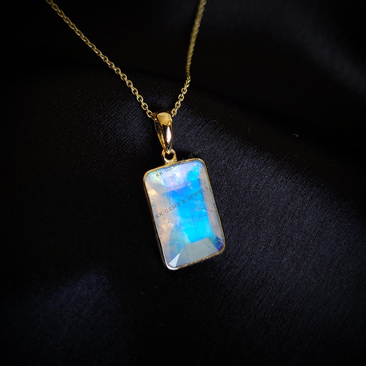 Natural Rainbow Moonstone Pendant, 14K Solid Yellow Gold, June Birthstone
