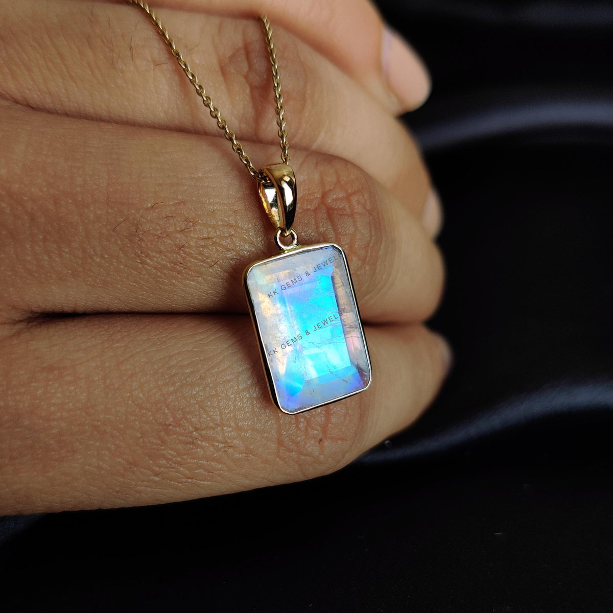 Natural Rainbow Moonstone Pendant, 14K Solid Yellow Gold, June Birthstone