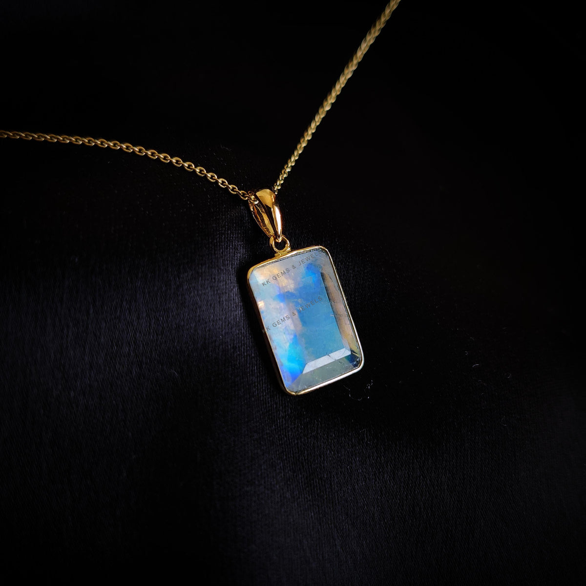 Natural Rainbow Moonstone Pendant, 14K Solid Yellow Gold, June Birthstone