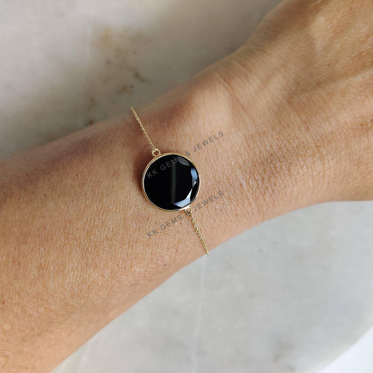 14K Solid Yellow Gold Natural Black Onyx Bracelet, Dainty Chain