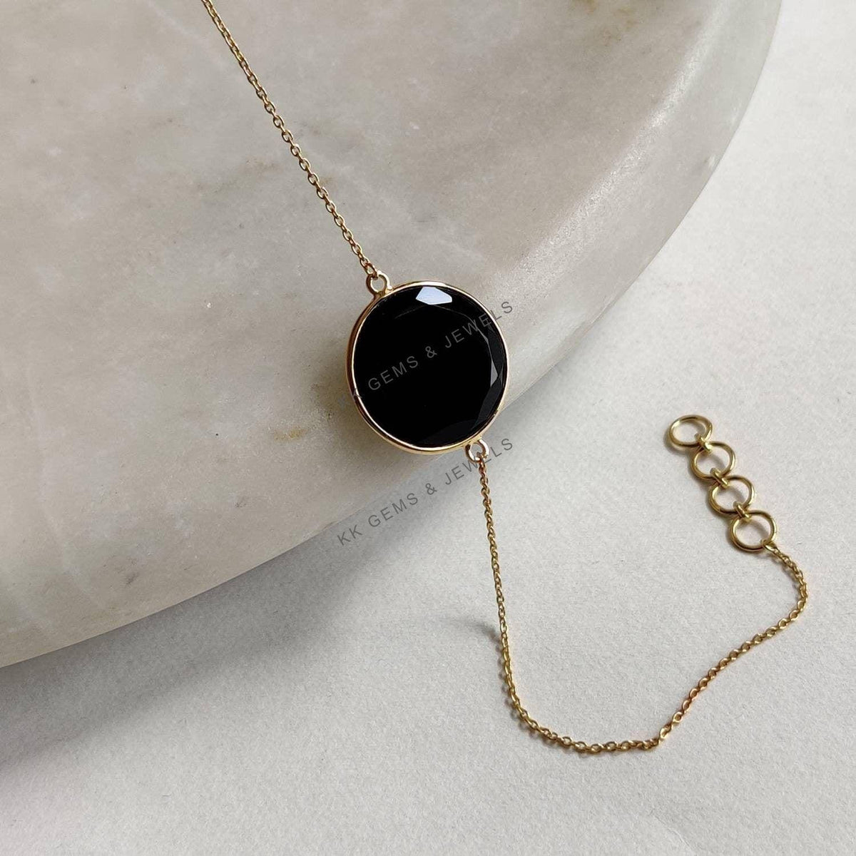 14K Solid Yellow Gold Natural Black Onyx Bracelet, Dainty Chain