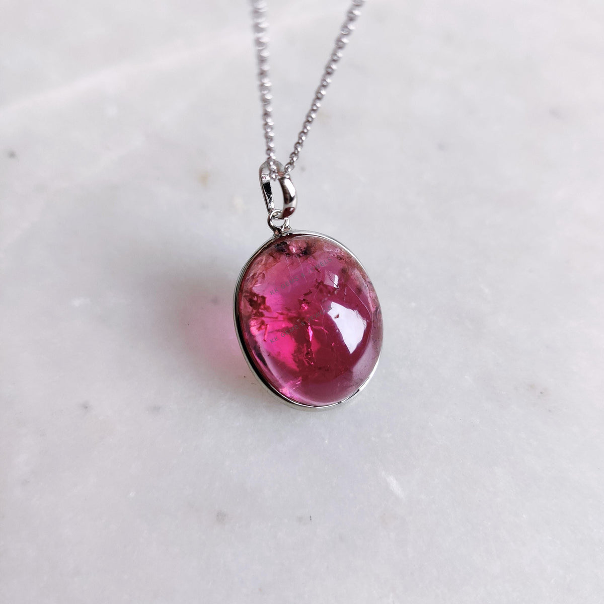 Natural Rubellite Tourmaline Pendant, 14K Solid White Gold Bezel Set, October Birthstone