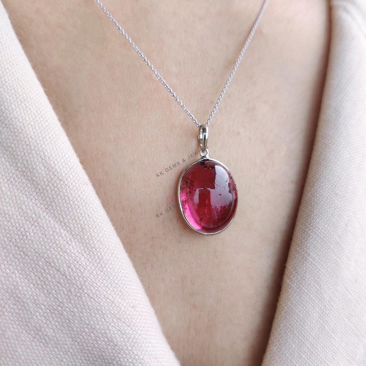 Natural Rubellite Tourmaline Pendant, 14K Solid White Gold Bezel Set, October Birthstone