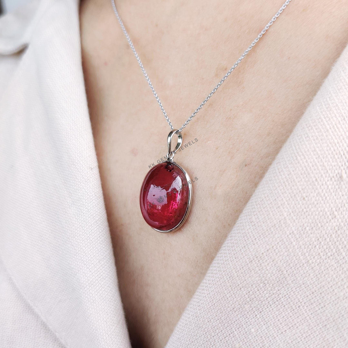 Natural Rubellite Tourmaline Pendant, 14K Solid White Gold Bezel Set, October Birthstone
