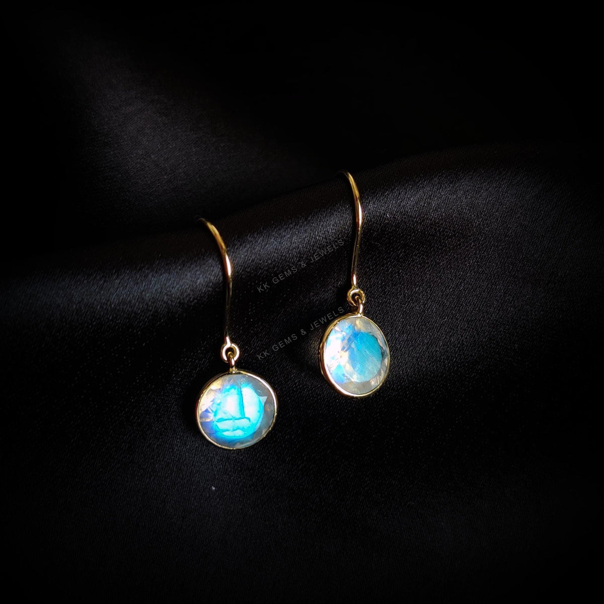 14K Solid Yellow Gold Natural Rainbow Moonstone Drop Earrings, Christmas Gift