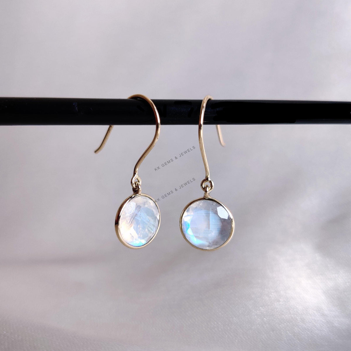 14K Solid Yellow Gold Natural Rainbow Moonstone Drop Earrings, Christmas Gift