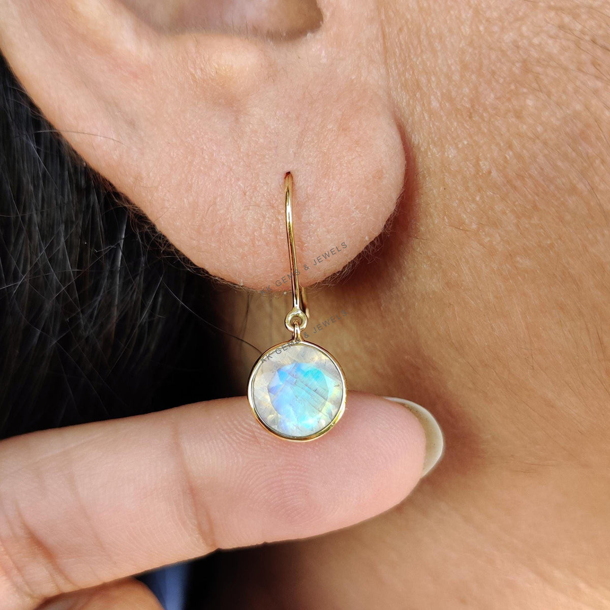 14K Solid Yellow Gold Natural Rainbow Moonstone Drop Earrings, Christmas Gift