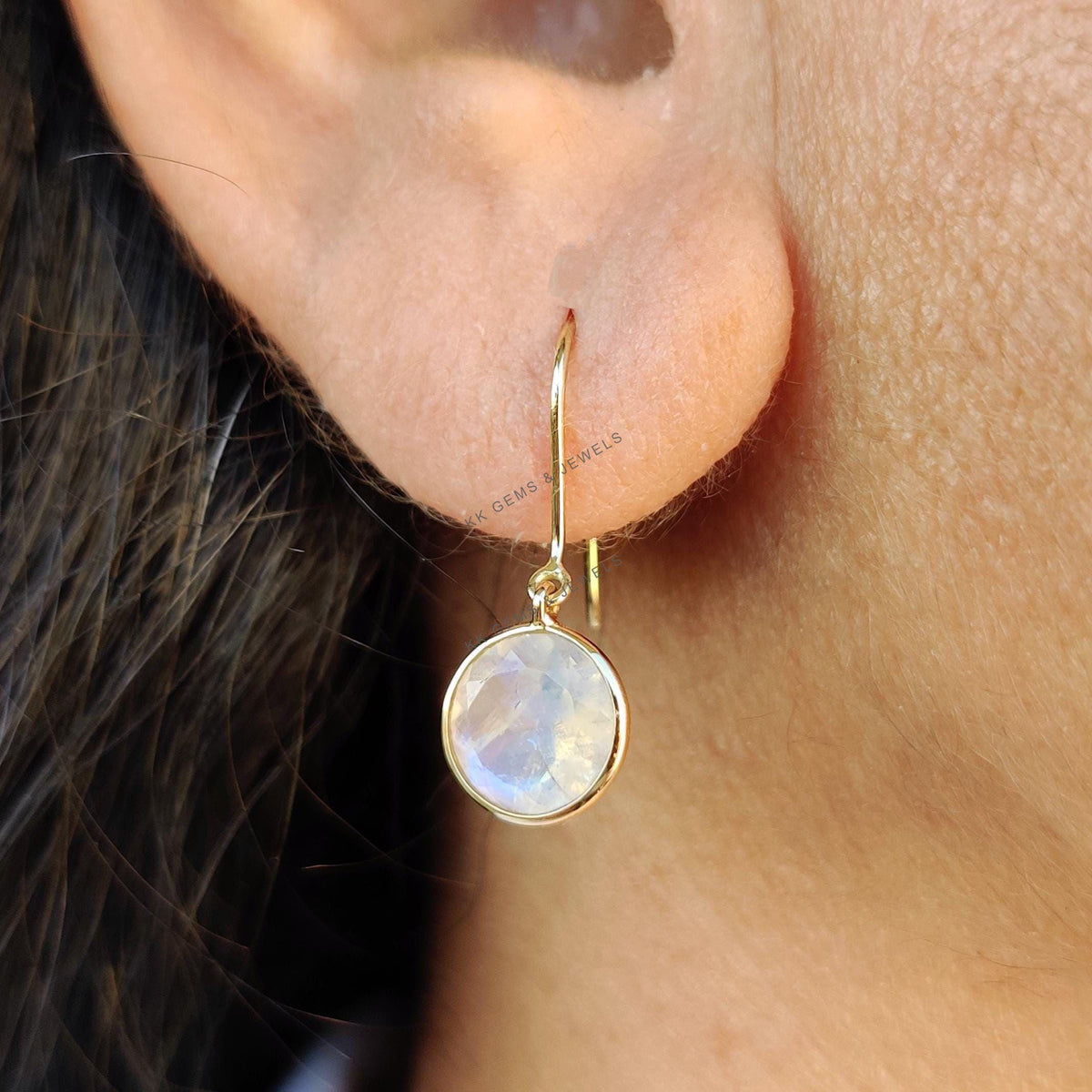 14K Solid Yellow Gold Natural Rainbow Moonstone Drop Earrings, Christmas Gift
