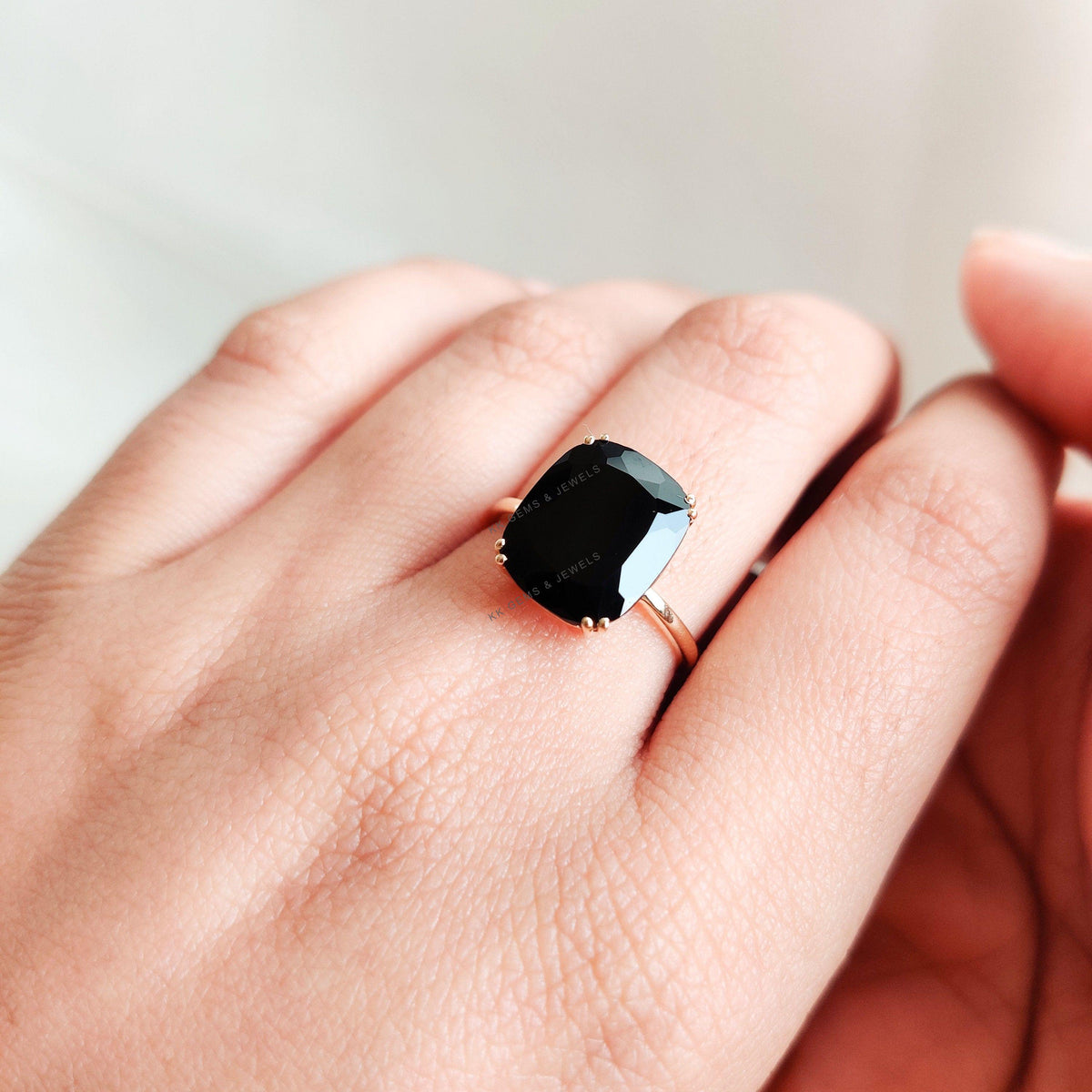 Natural Black Onyx Ring, 14K Solid Yellow Gold, Cushion Cut Gemstone
