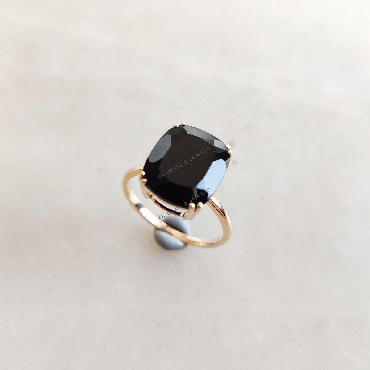 Natural Black Onyx Ring, 14K Solid Yellow Gold, Cushion Cut Gemstone