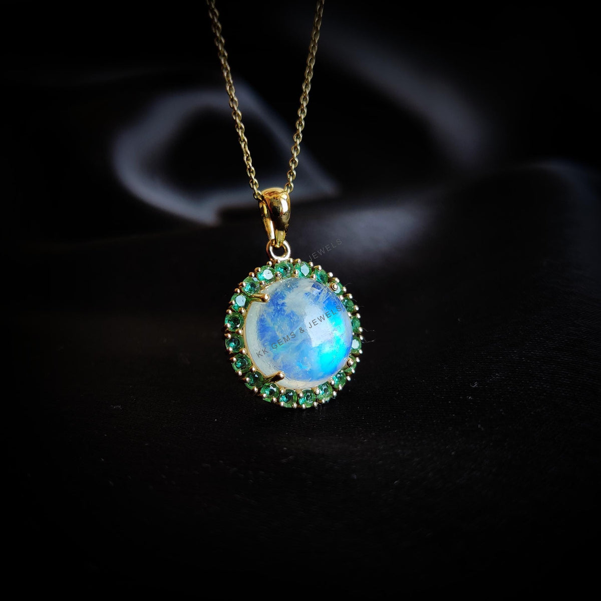 Natural Rainbow Moonstone & Emerald Halo Pendant, 14K Solid Yellow Gold, June May Birthstone