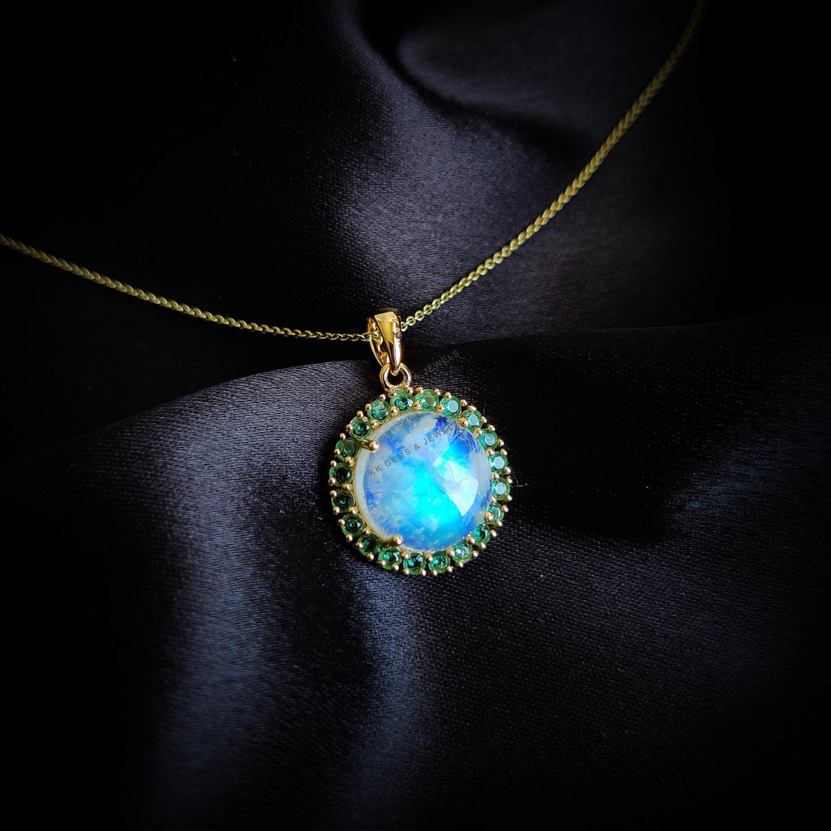 Natural Rainbow Moonstone & Emerald Halo Pendant, 14K Solid Yellow Gold, June May Birthstone