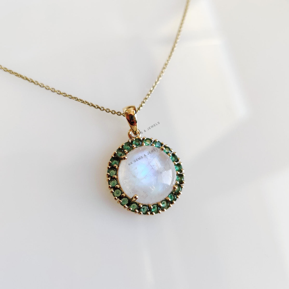 Natural Rainbow Moonstone & Emerald Halo Pendant, 14K Solid Yellow Gold, June May Birthstone