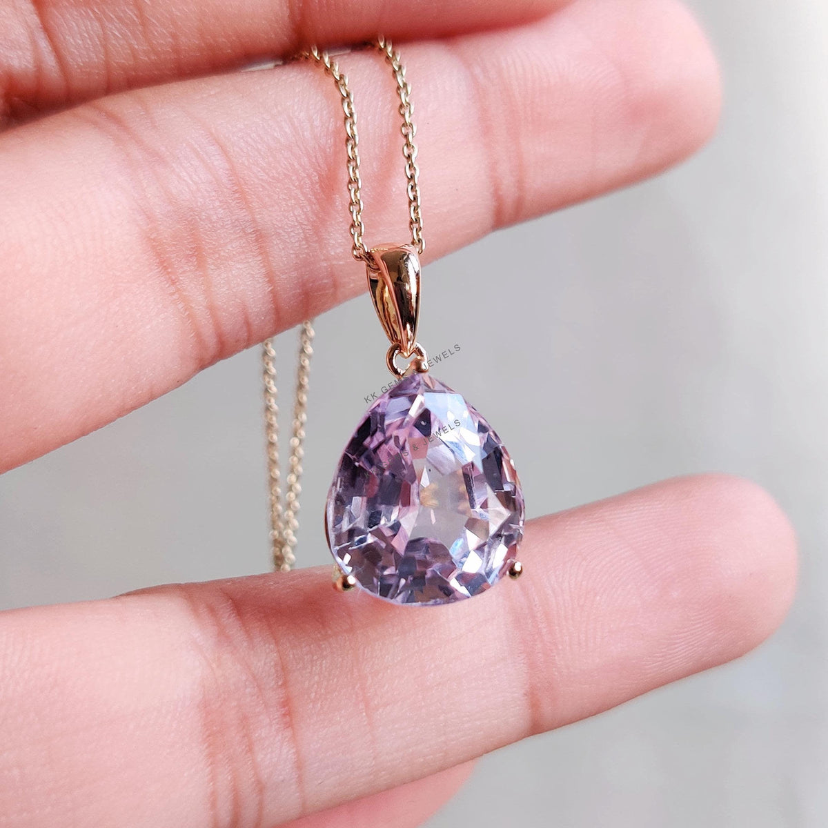 14K Solid Yellow Gold Natural Kunzite Pendant, Pear Cut Gemstone, February Birthstone