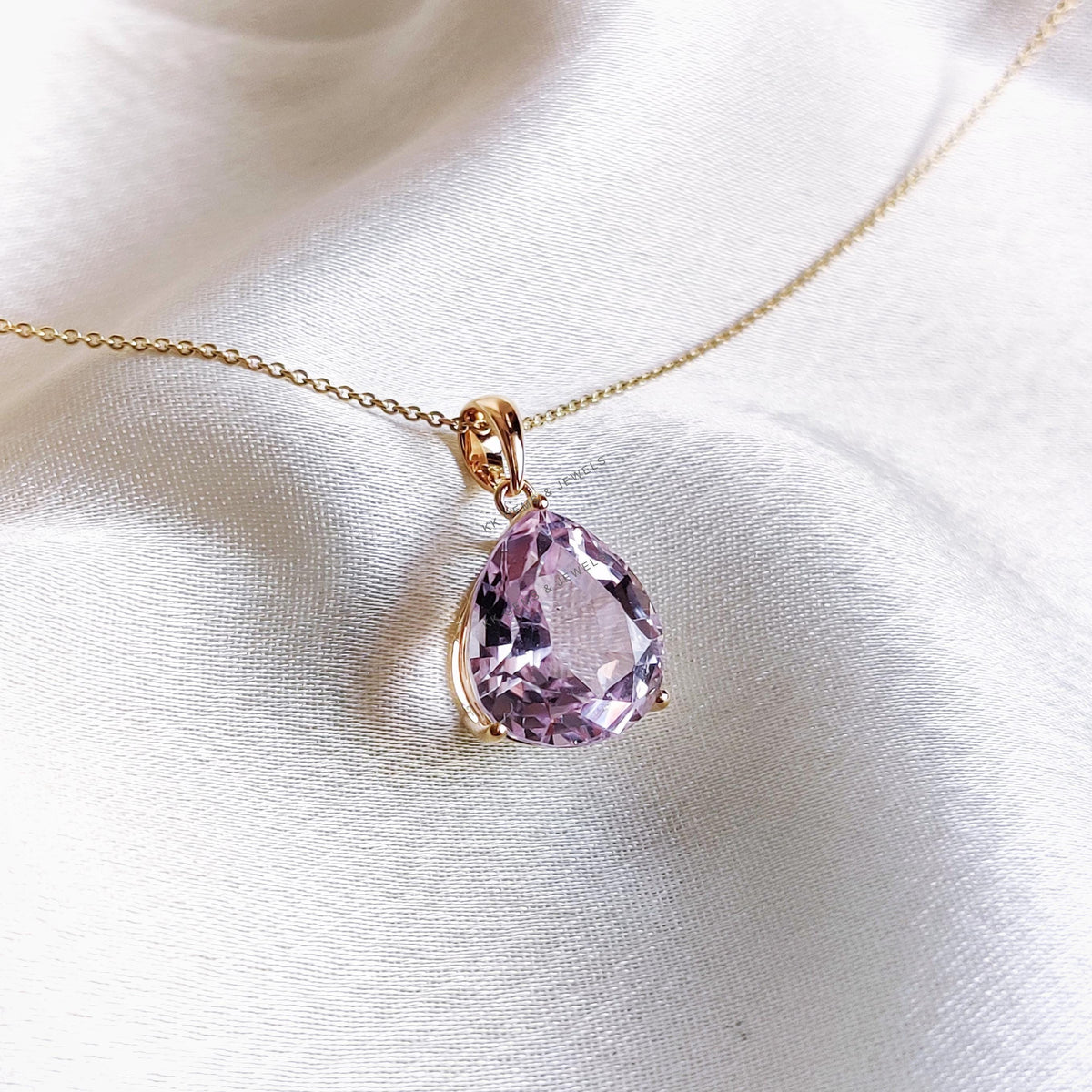 14K Solid Yellow Gold Natural Kunzite Pendant, Pear Cut Gemstone, February Birthstone