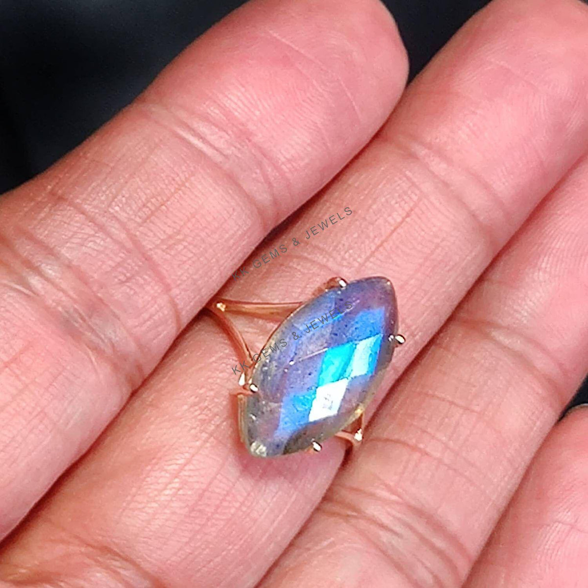 14K Solid Gold Natural Labradorite Ring, Marquise Prong Setting, August Birthstone