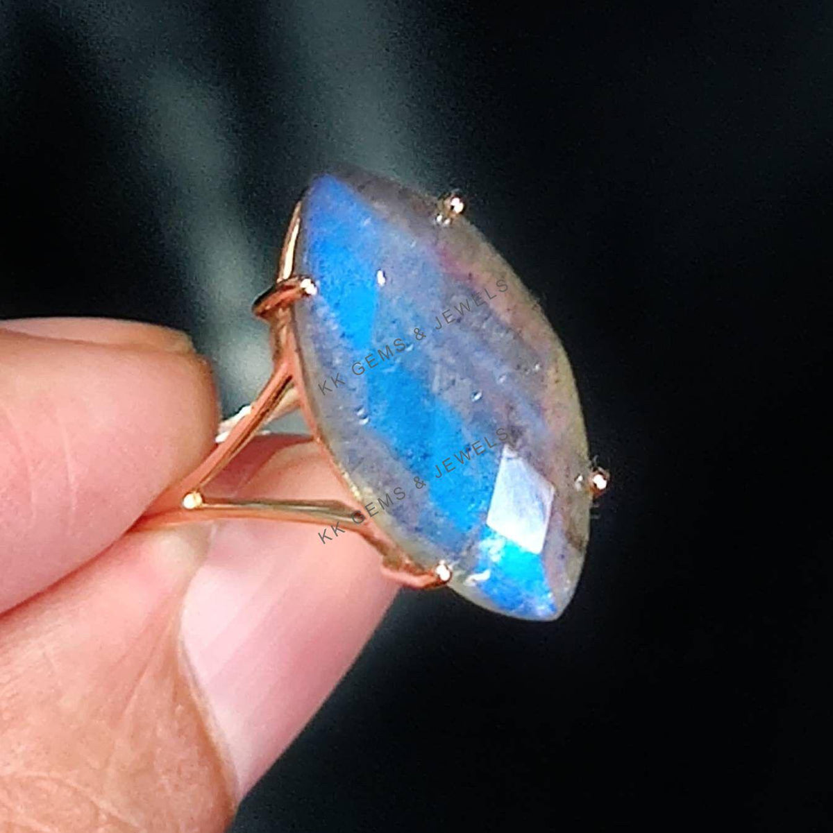 14K Solid Gold Natural Labradorite Ring, Marquise Prong Setting, August Birthstone
