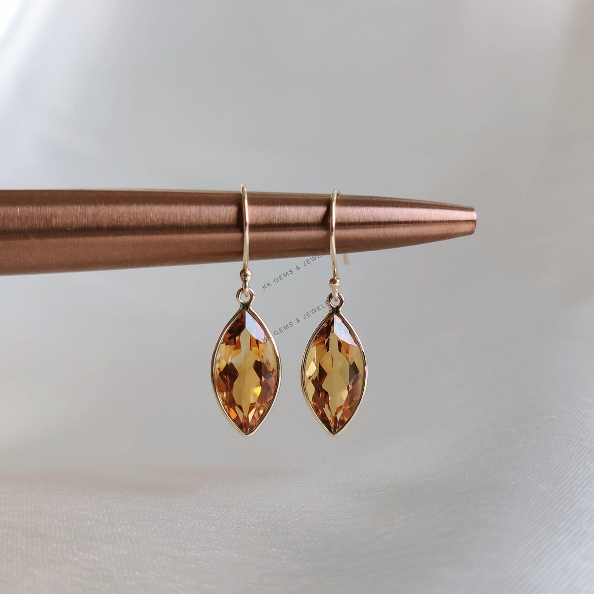 Natural Citrine Earrings, 14K Solid Yellow Gold Bezel Drop Earrings, November Birthstone