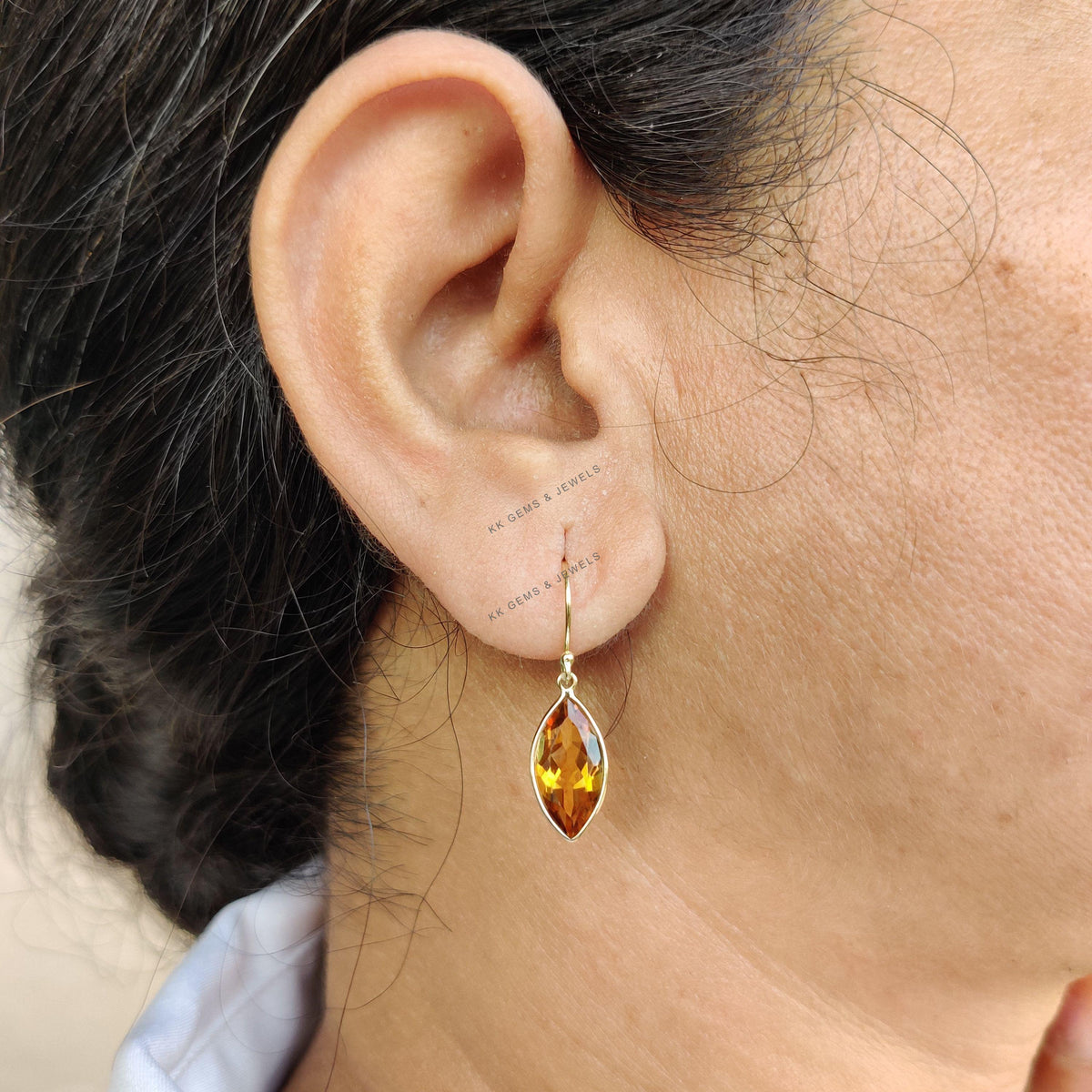 Natural Citrine Earrings, 14K Solid Yellow Gold Bezel Drop Earrings, November Birthstone