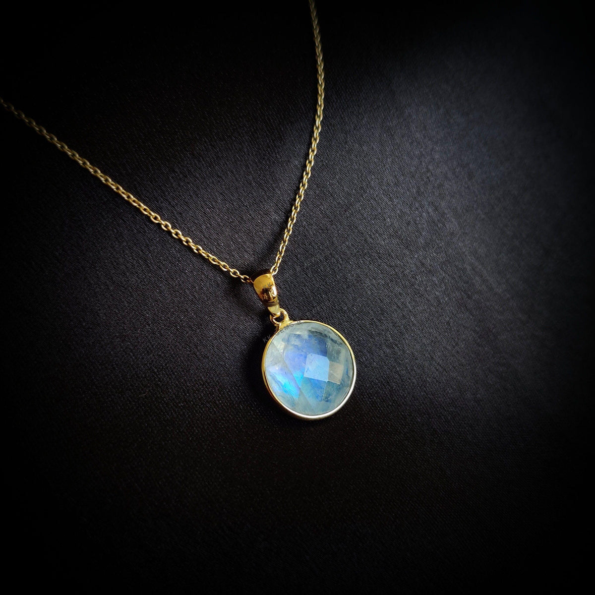 14K Solid Gold Natural Rainbow Moonstone Pendant, Round Briolette, June Birthstone