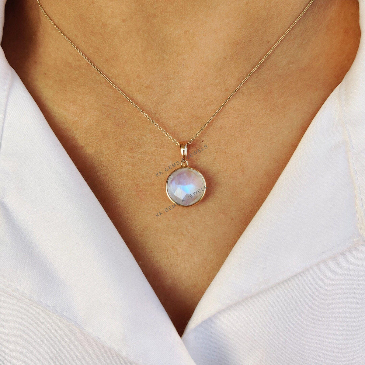 14K Solid Gold Natural Rainbow Moonstone Pendant, Round Briolette, June Birthstone