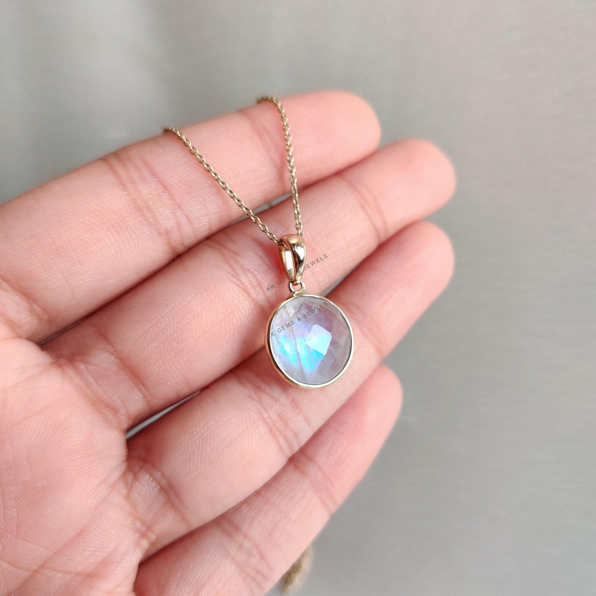 14K Solid Gold Natural Rainbow Moonstone Pendant, Round Briolette, June Birthstone