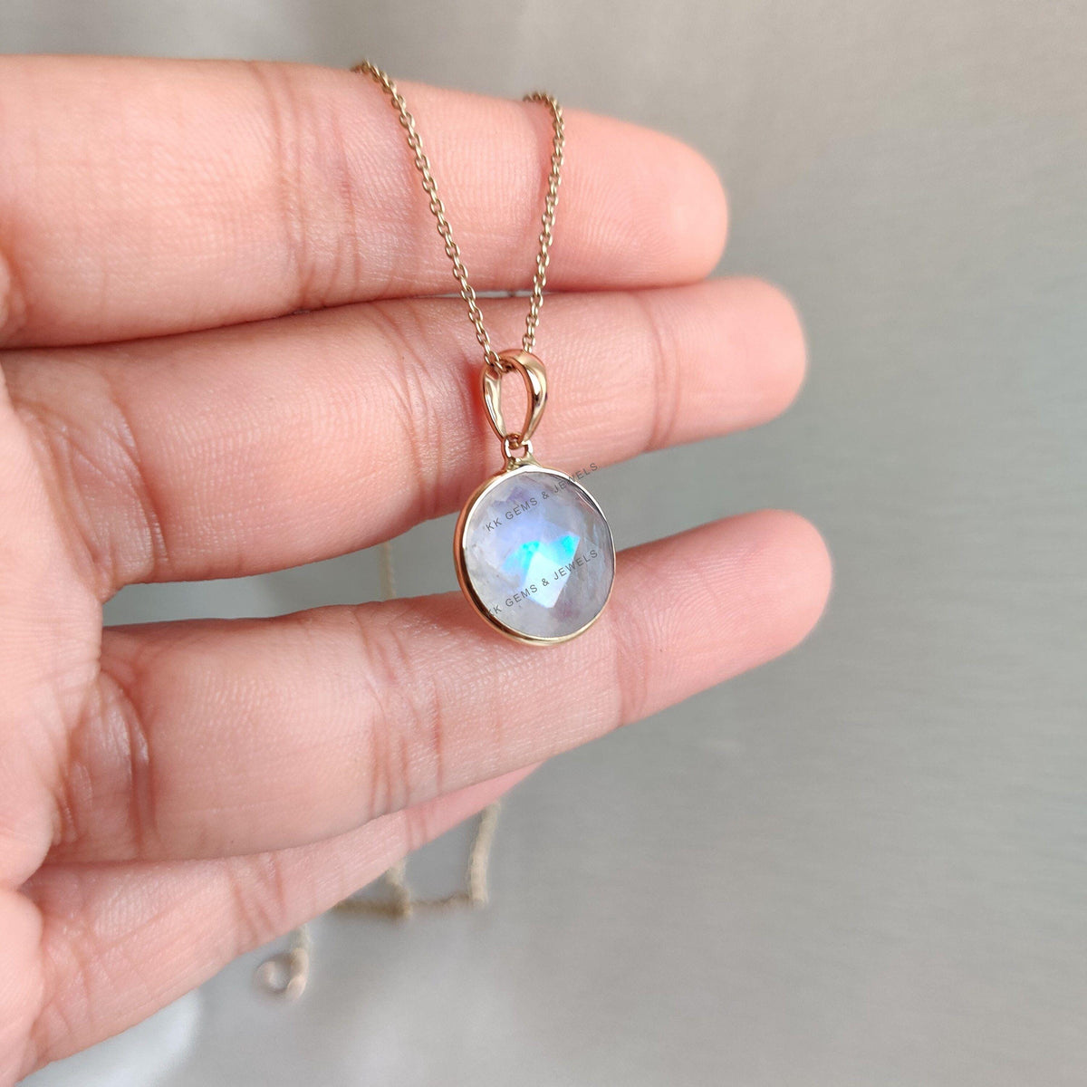 14K Solid Gold Natural Rainbow Moonstone Pendant, Round Briolette, June Birthstone