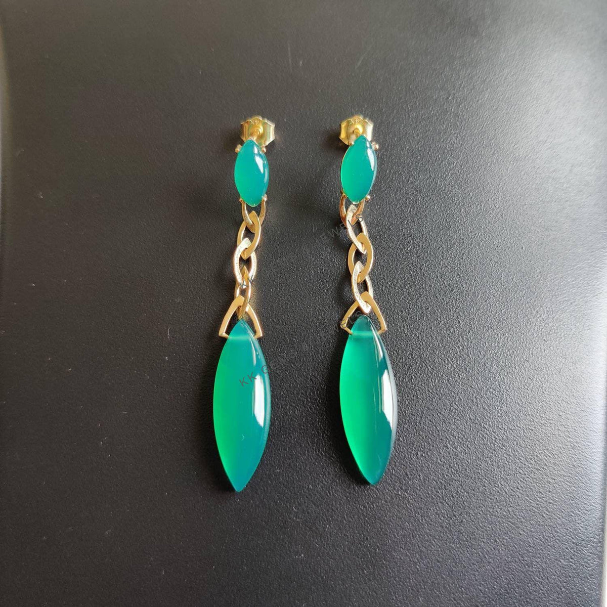 14K Solid Yellow Gold Natural Green Onyx Dangle Earrings: May Birthstone