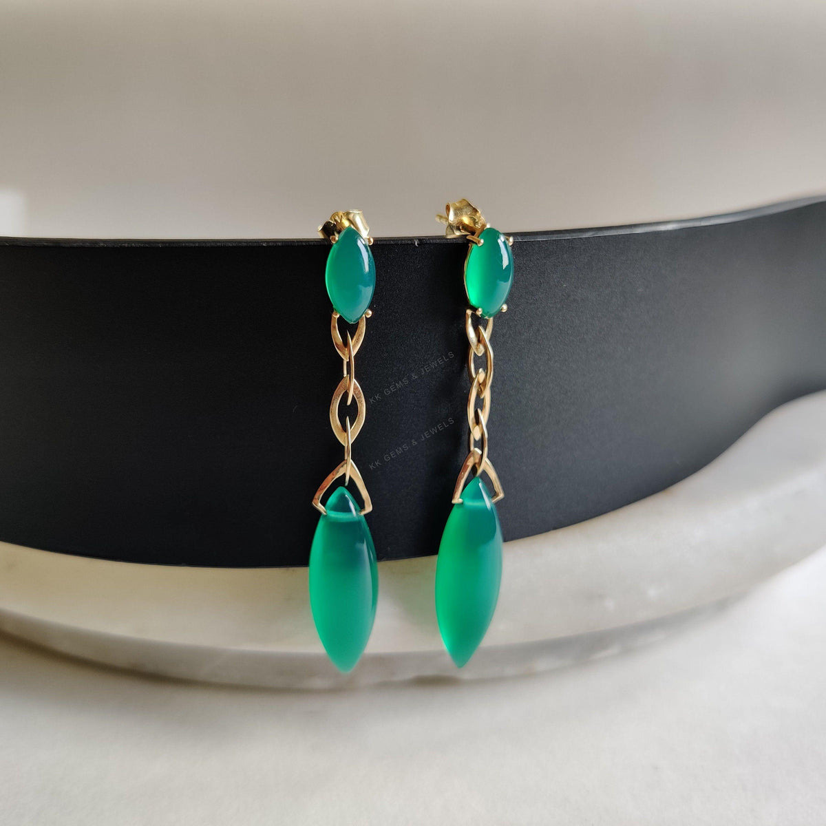 14K Solid Yellow Gold Natural Green Onyx Dangle Earrings: May Birthstone