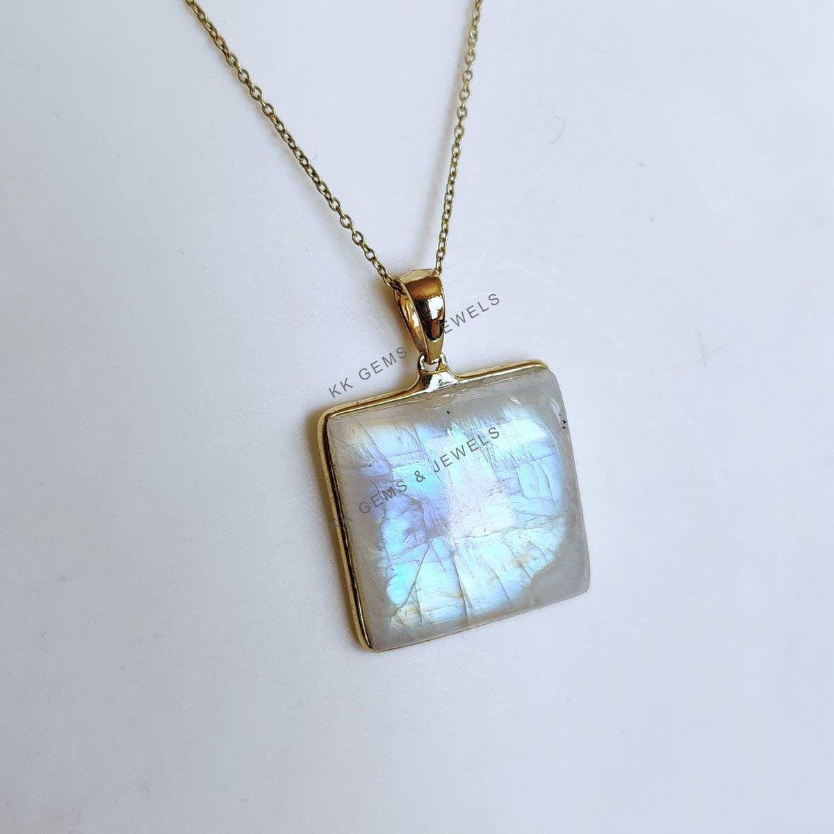 Natural Rainbow Moonstone Pendant, 14K Solid Yellow Gold, June Birthstone