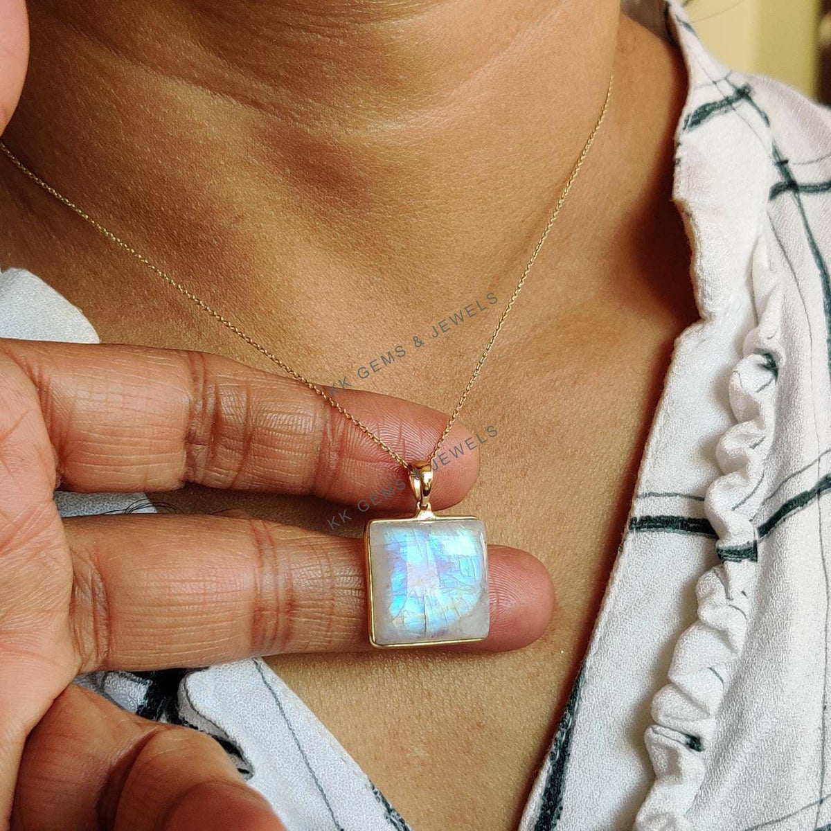 Natural Rainbow Moonstone Pendant, 14K Solid Yellow Gold, June Birthstone
