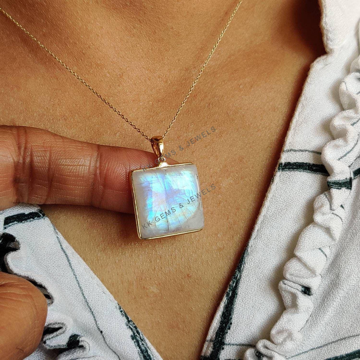 Natural Rainbow Moonstone Pendant, 14K Solid Yellow Gold, June Birthstone