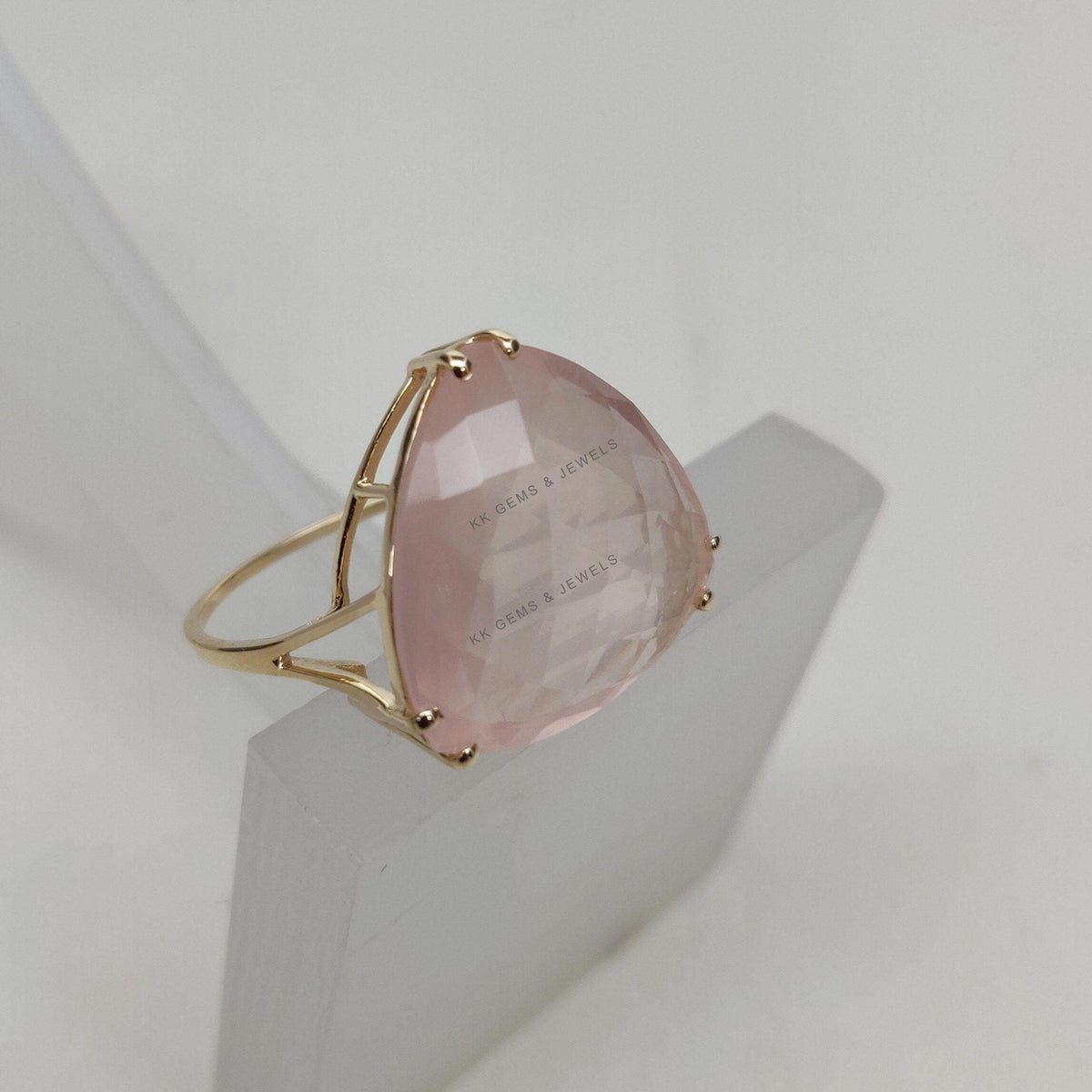 14K Solid Gold Natural Rose Quartz Ring: Trillion Gemstone, January Birthstone