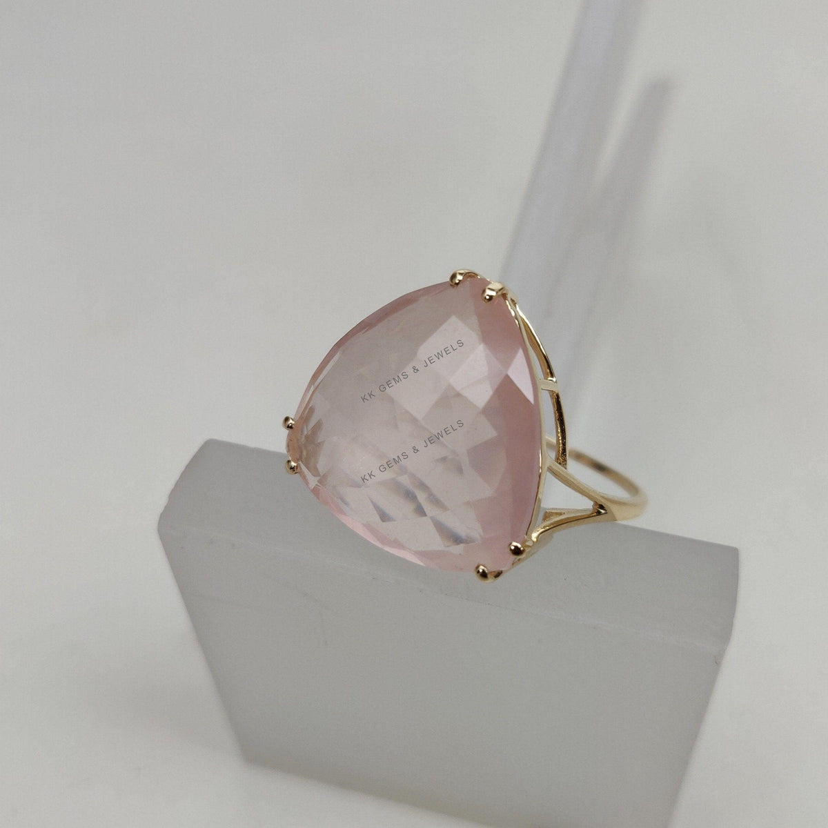 14K Solid Gold Natural Rose Quartz Ring: Trillion Gemstone, January Birthstone