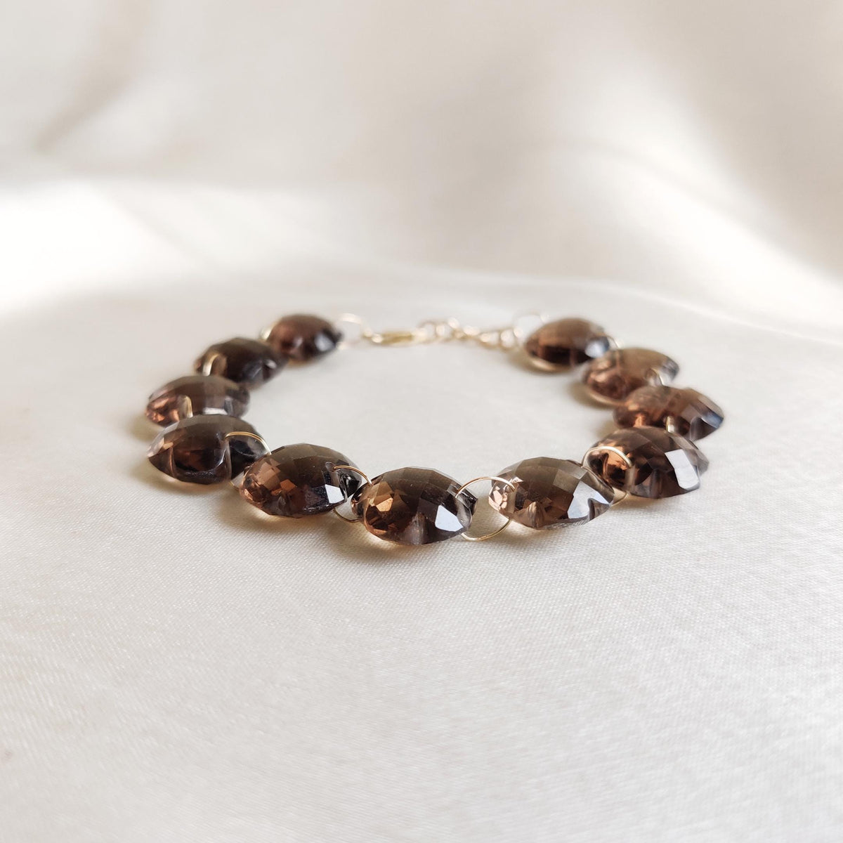 Natural Smoky Quartz Flower Drill Bracelet, 14K Solid Yellow Gold Valentine Gift