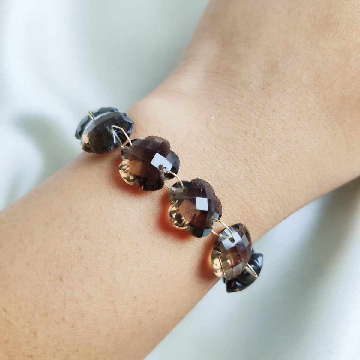 Natural Smoky Quartz Flower Drill Bracelet, 14K Solid Yellow Gold Valentine Gift