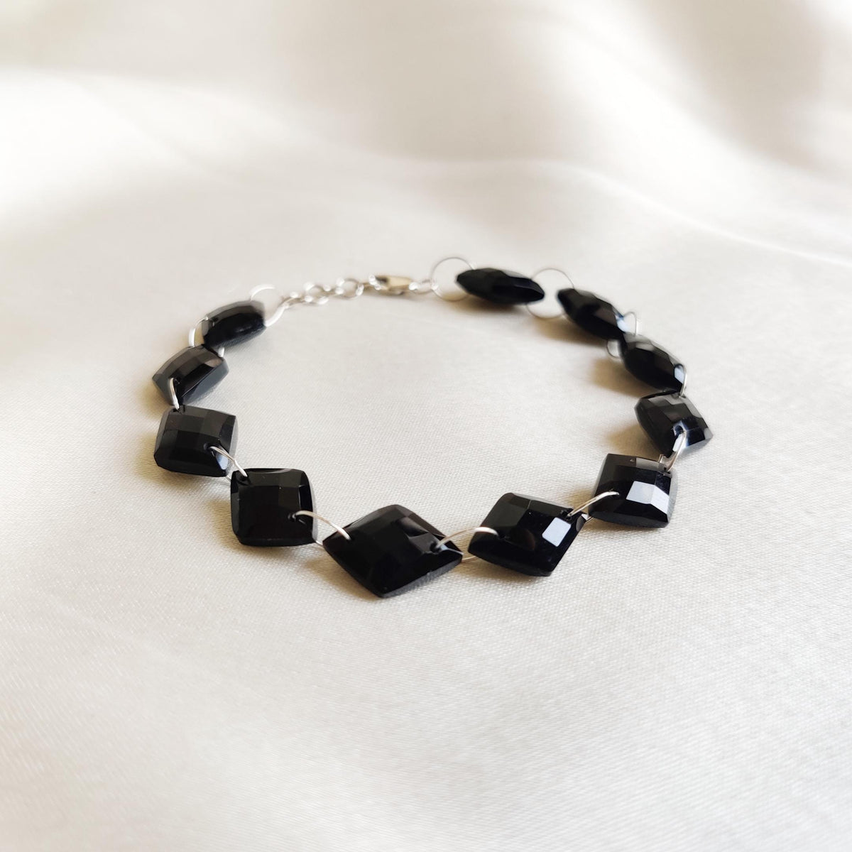 Natural Black Onyx 14K Solid White Gold Bracelet, Geometric Gemstone