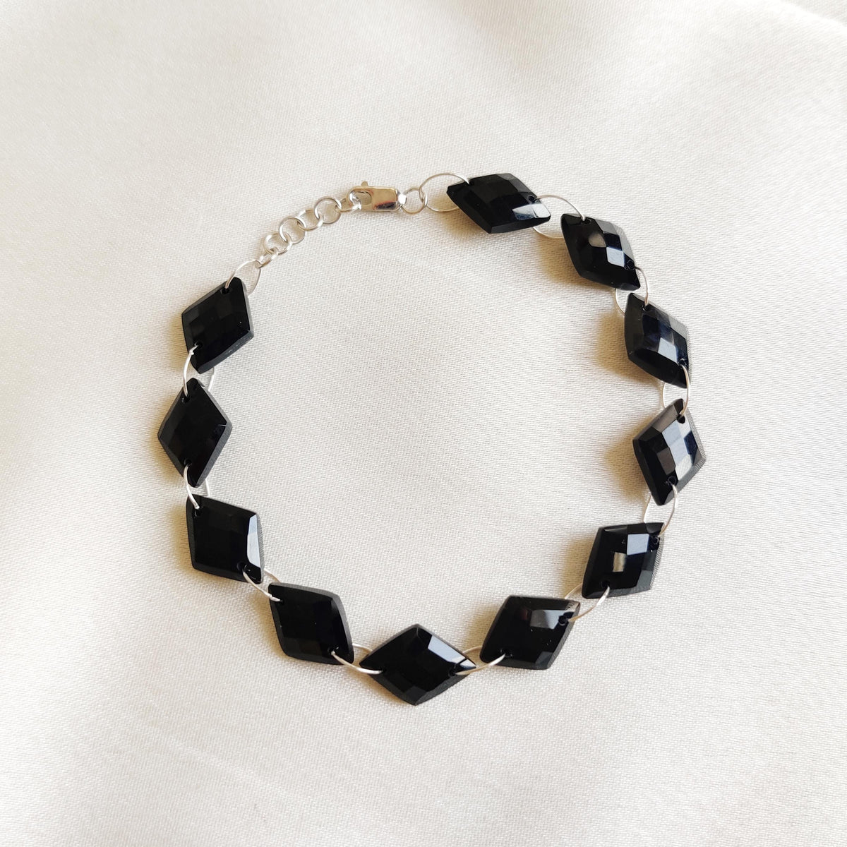Natural Black Onyx 14K Solid White Gold Bracelet, Geometric Gemstone