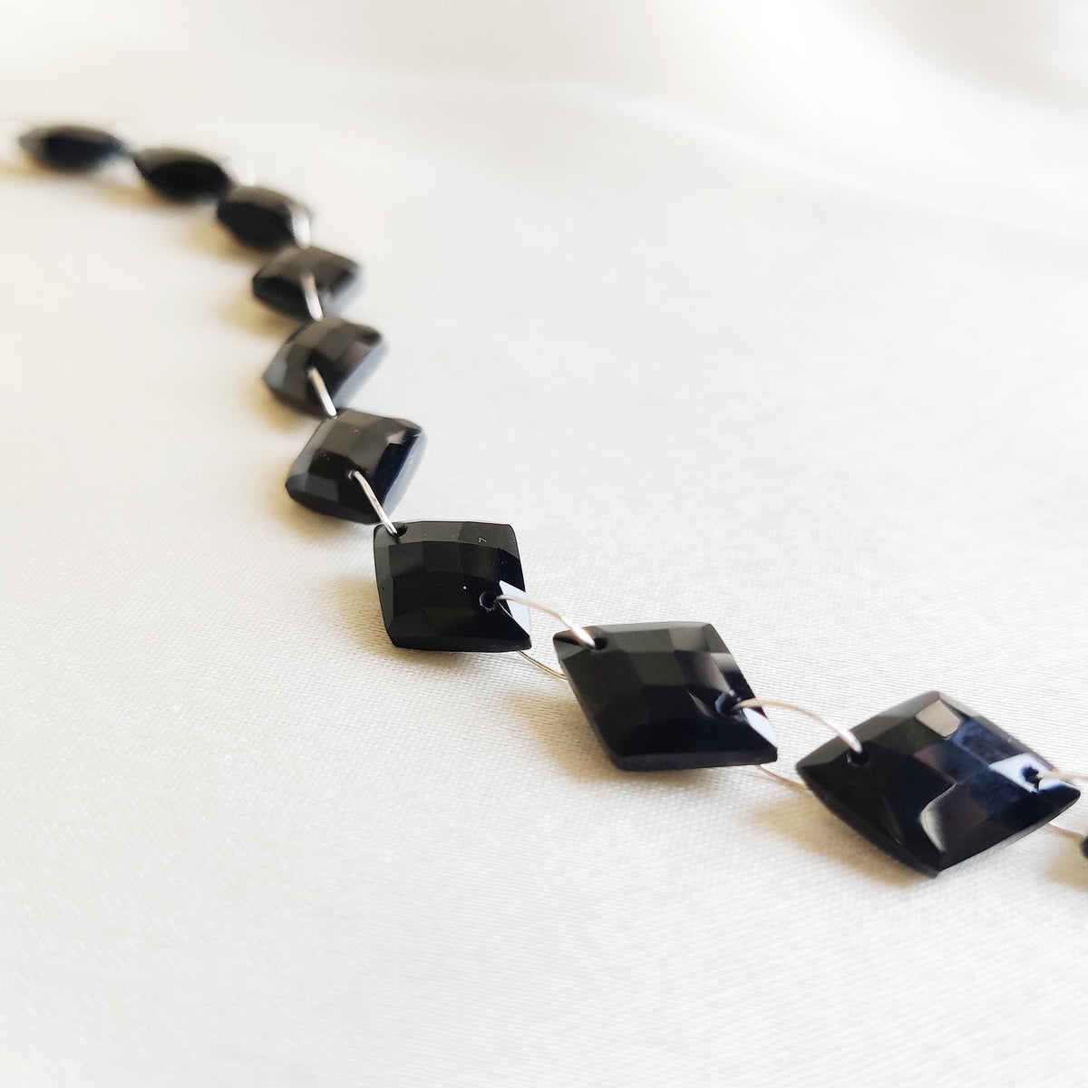 Natural Black Onyx 14K Solid White Gold Bracelet, Geometric Gemstone
