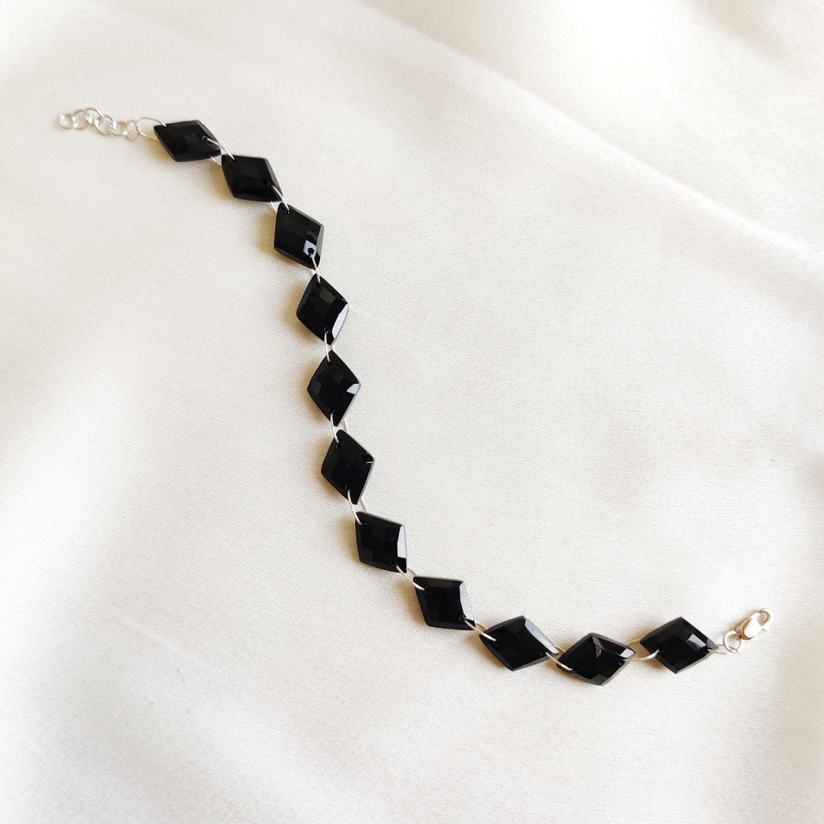 Natural Black Onyx 14K Solid White Gold Bracelet, Geometric Gemstone