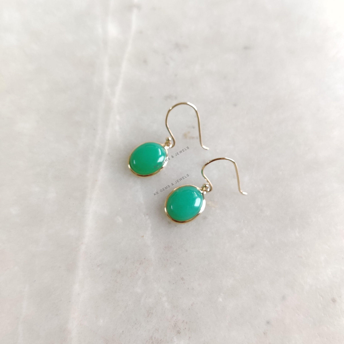 14K Solid Gold Natural Chrysoprase Earrings: Oval Bezel, May Birthstone