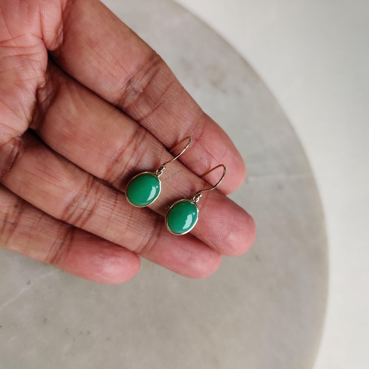 14K Solid Gold Natural Chrysoprase Earrings: Oval Bezel, May Birthstone