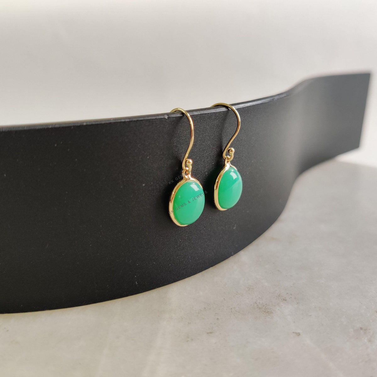 14K Solid Gold Natural Chrysoprase Earrings: Oval Bezel, May Birthstone