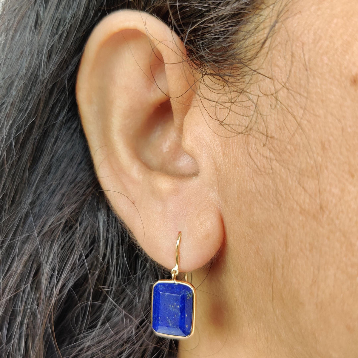 14K Solid Yellow Gold Natural Lapis Lazuli Octagon Bezel Earrings, September Birthstone