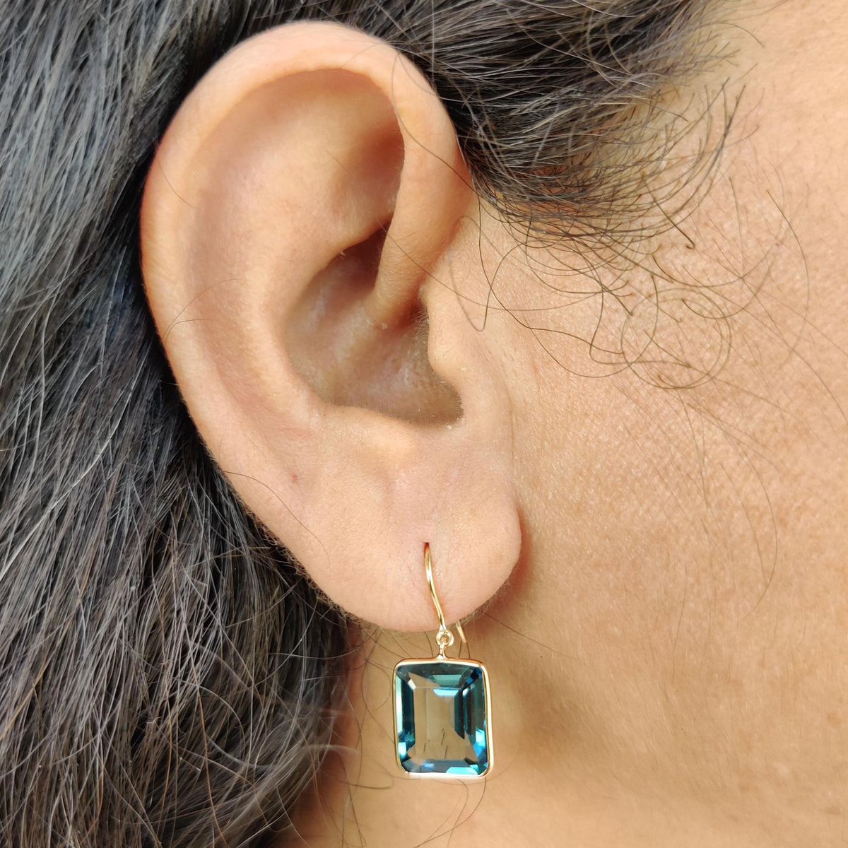 Natural London Blue Topaz Earrings, 14K Solid Yellow Gold Bezel, December Birthstone