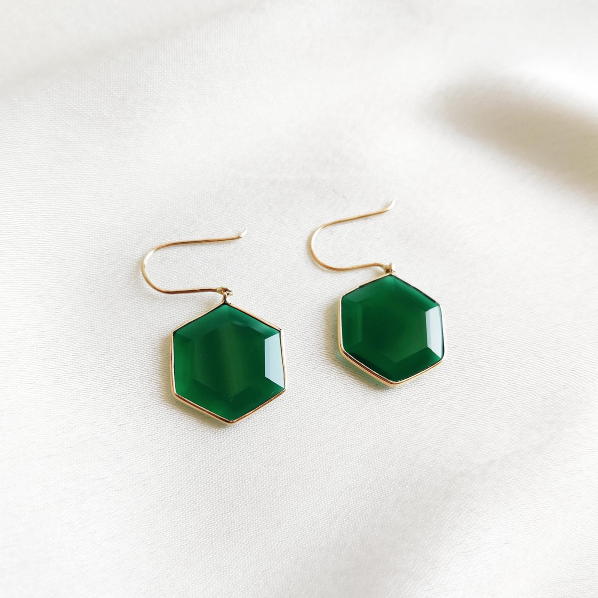 14K Solid Yellow Gold Natural Green Onyx Hexagon Earrings, November Birthstone